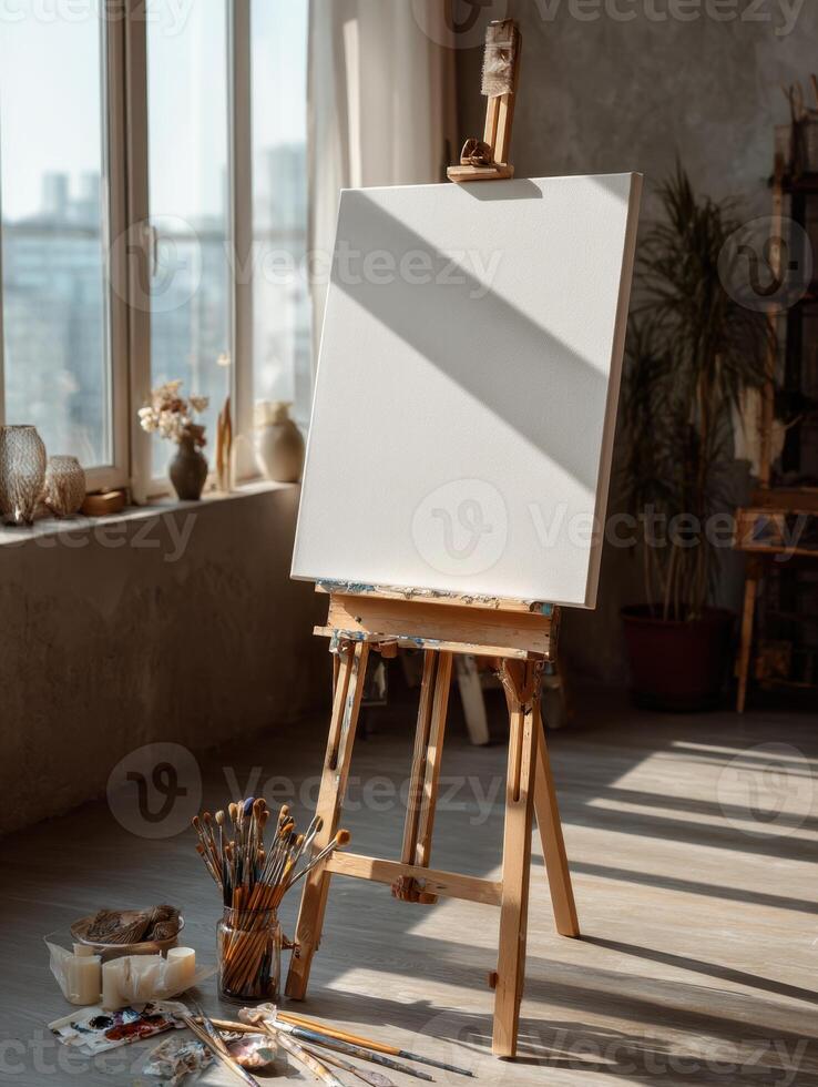 Sunlit Canvas Awaiting Artistic Expression Creativity in Studio Serene Atmosphere Capture photo