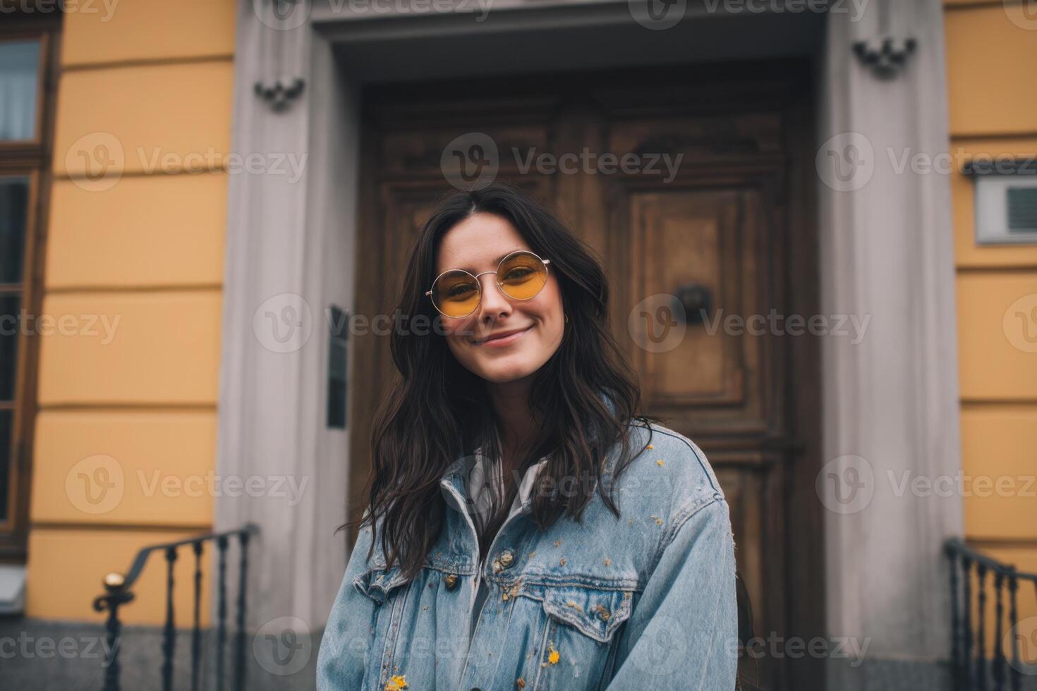 A Young Woman Posing in Front of Antique Door With Yellow Glasses photo
