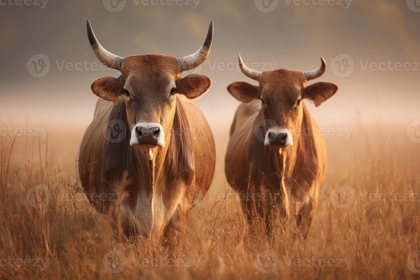 Two Grazing Cows in a Field Bathed in the Morning Light photo