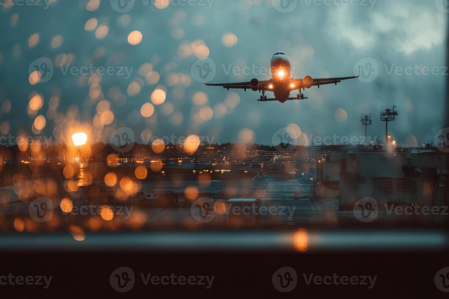 The airplane is about to take off into the sky at night time photo