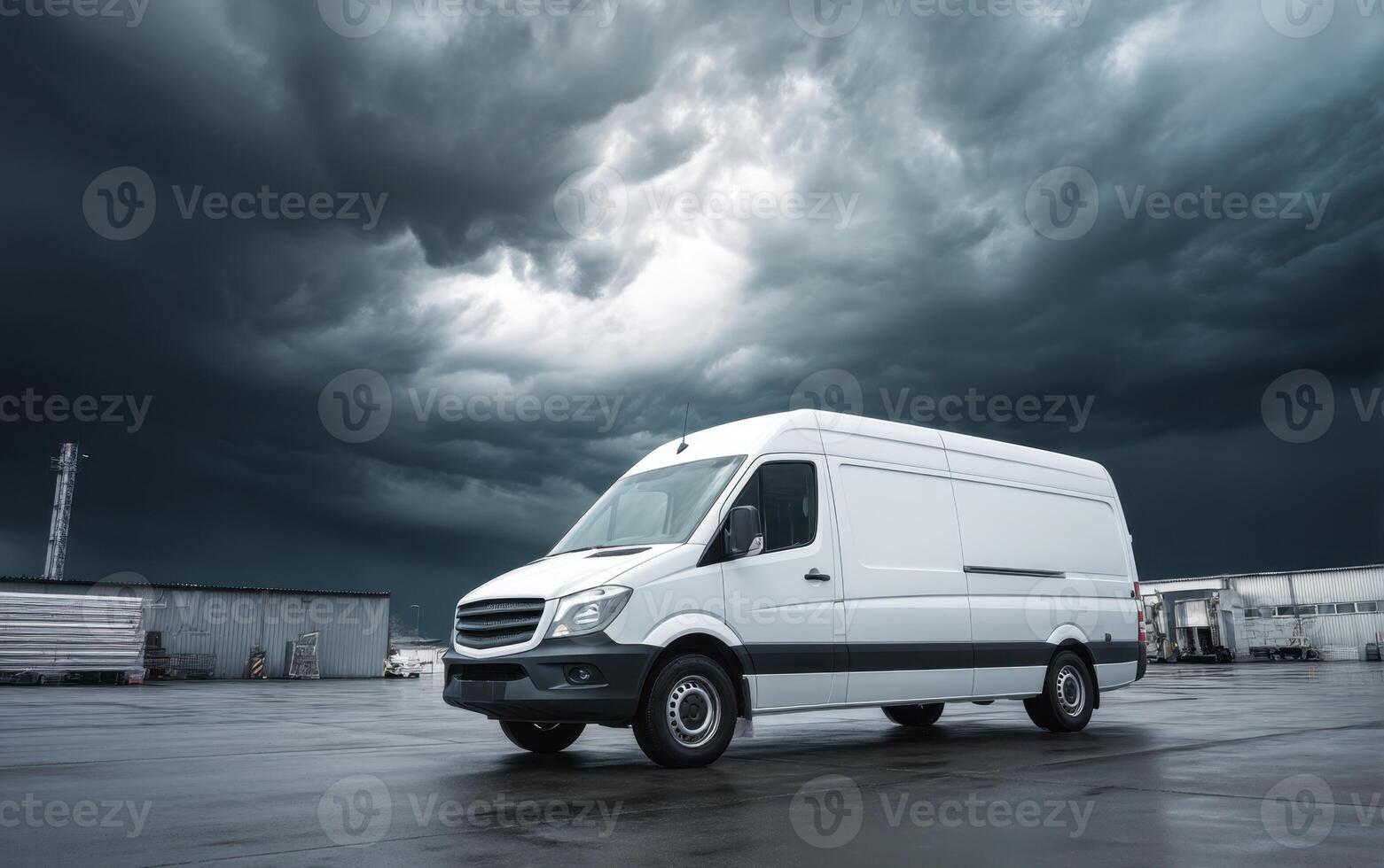 White Commercial Van Moving Towards Fast Business Delivery Under Stormy Dark Sky photo