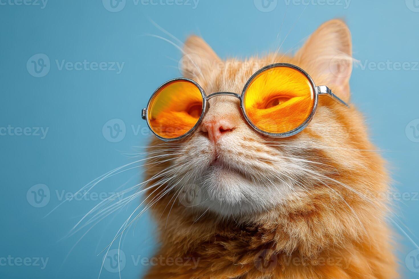 Ginger Cat Wearing Sunglasses Looking Upward On A Blue Background in Studio photo