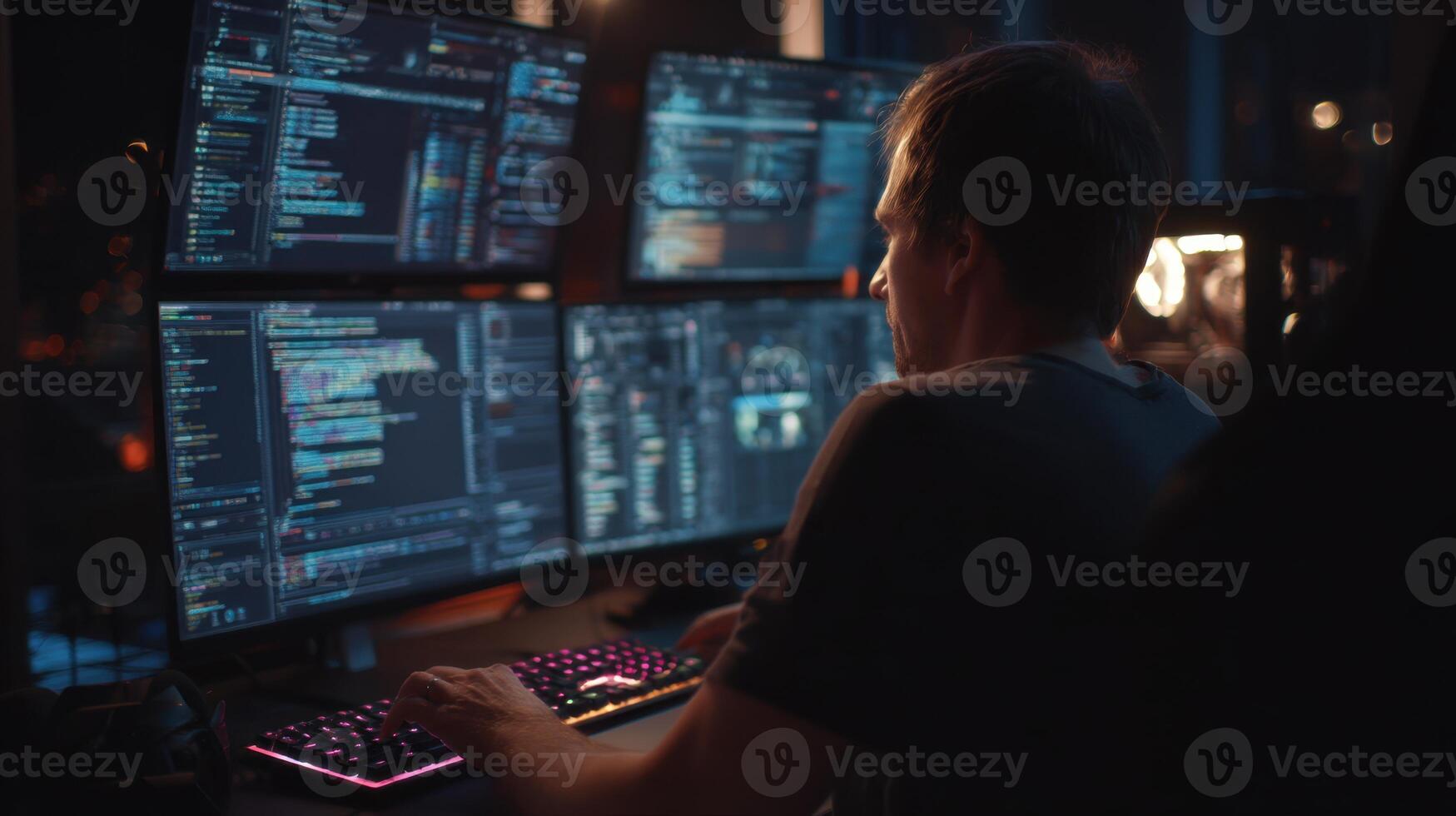 un persona con un computadora programación código y desarrollo software para seguridad foto