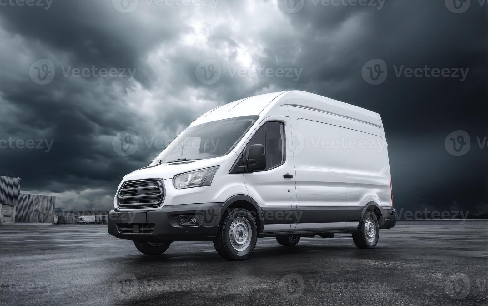 A White Cargo Van on a Wet Pavement Under Stormy Clouds photo