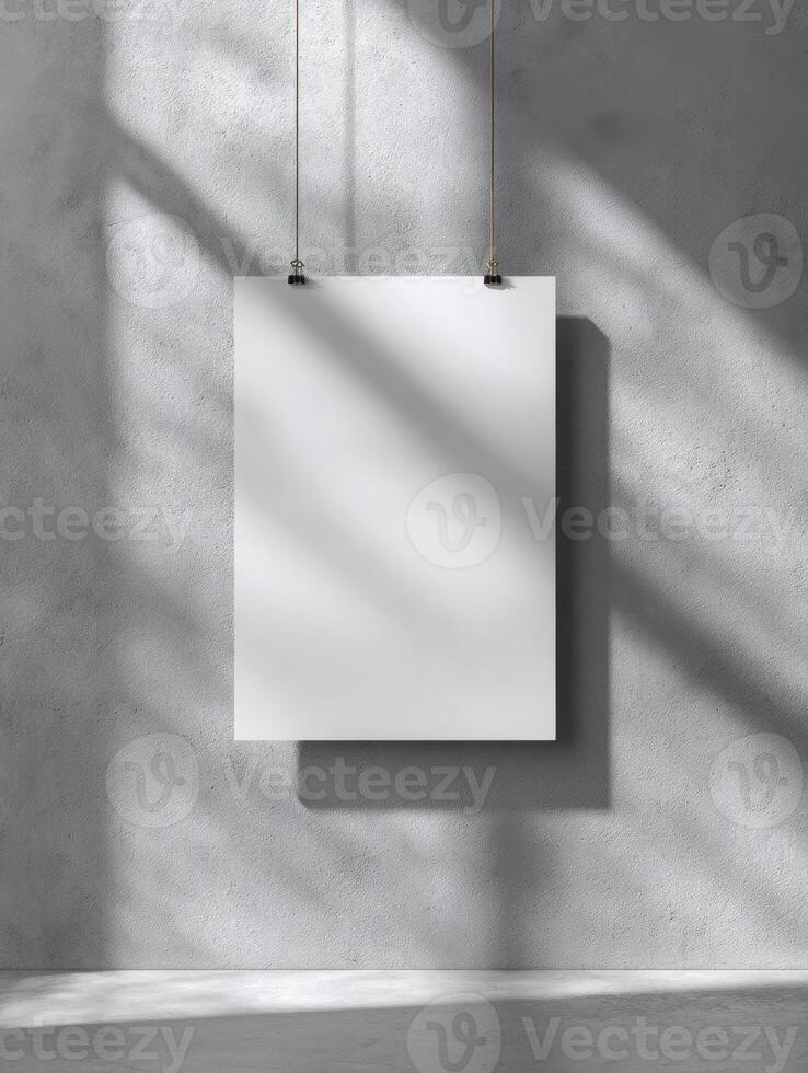 Blank White Poster Hanging On Concrete Wall Minimalist Style Presentation Mockup Template photo