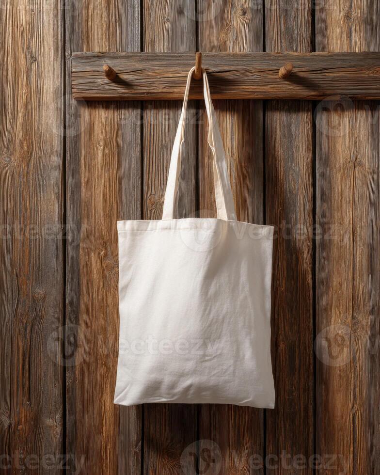 A Simple Canvas Tote Bag Hanging On An Aged Wooden Board photo