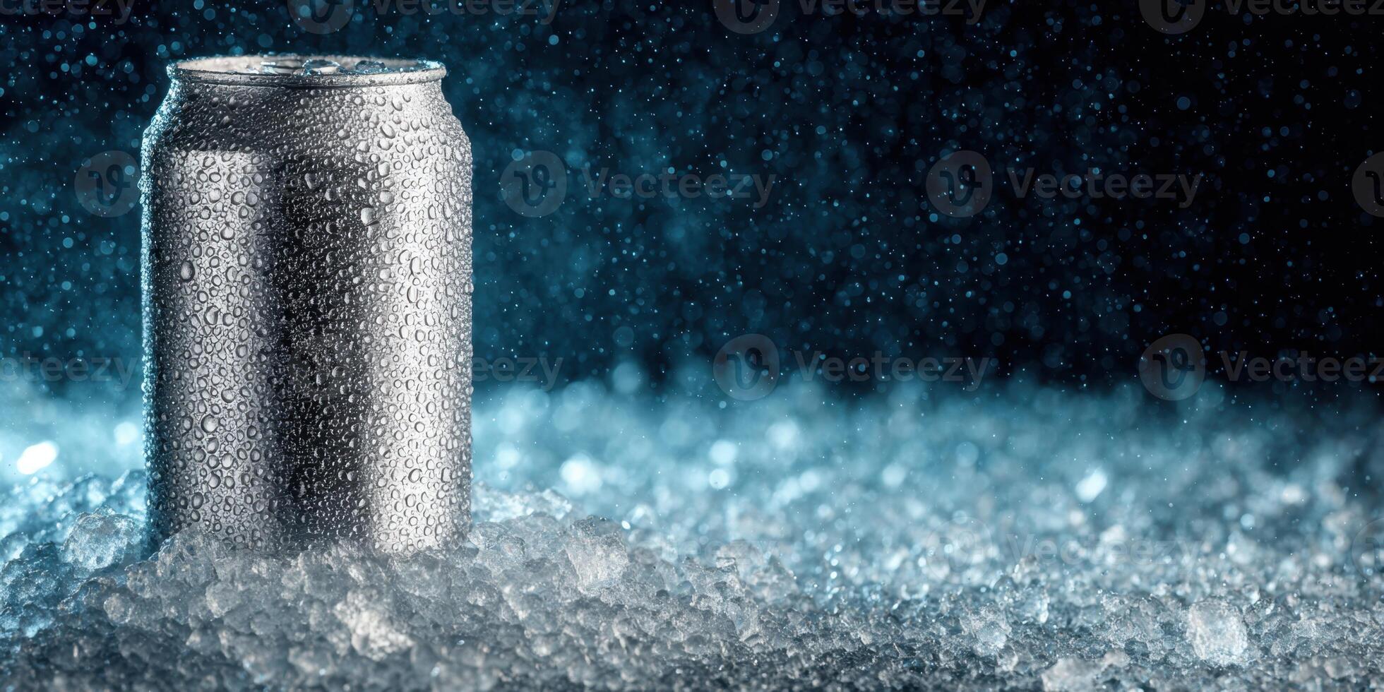 Refreshing Cold Drink An Aluminum Can Covered with Water Drops on Ice photo
