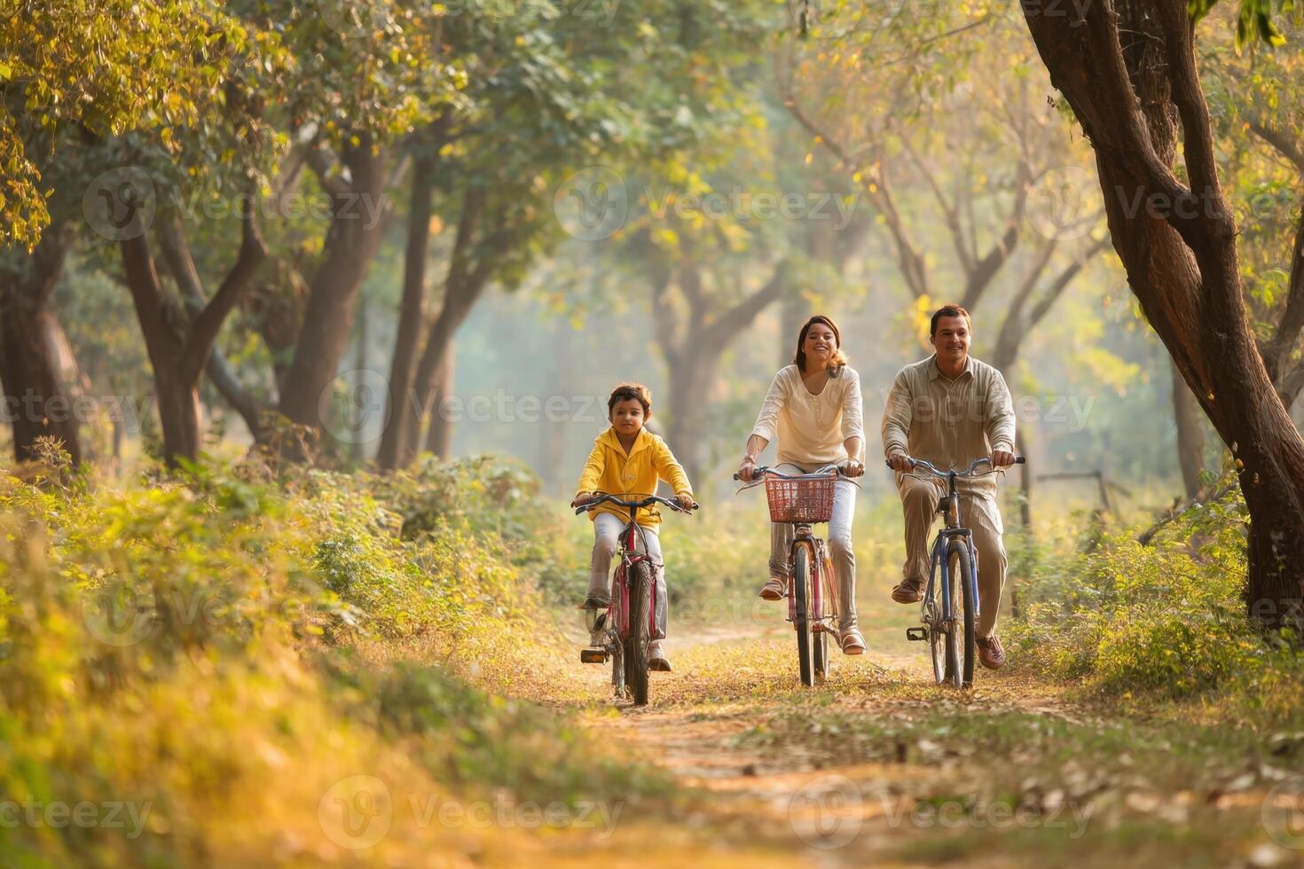 Enjoyable Family Time Biking Outdoors On Beautiful Sunny Fall Season Day photo