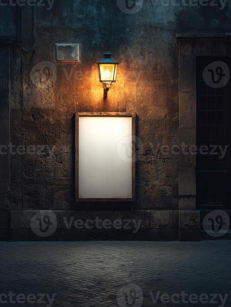 Old Fashioned Wall Lamp Lighting A Blank Menu Board In Dark Alley photo