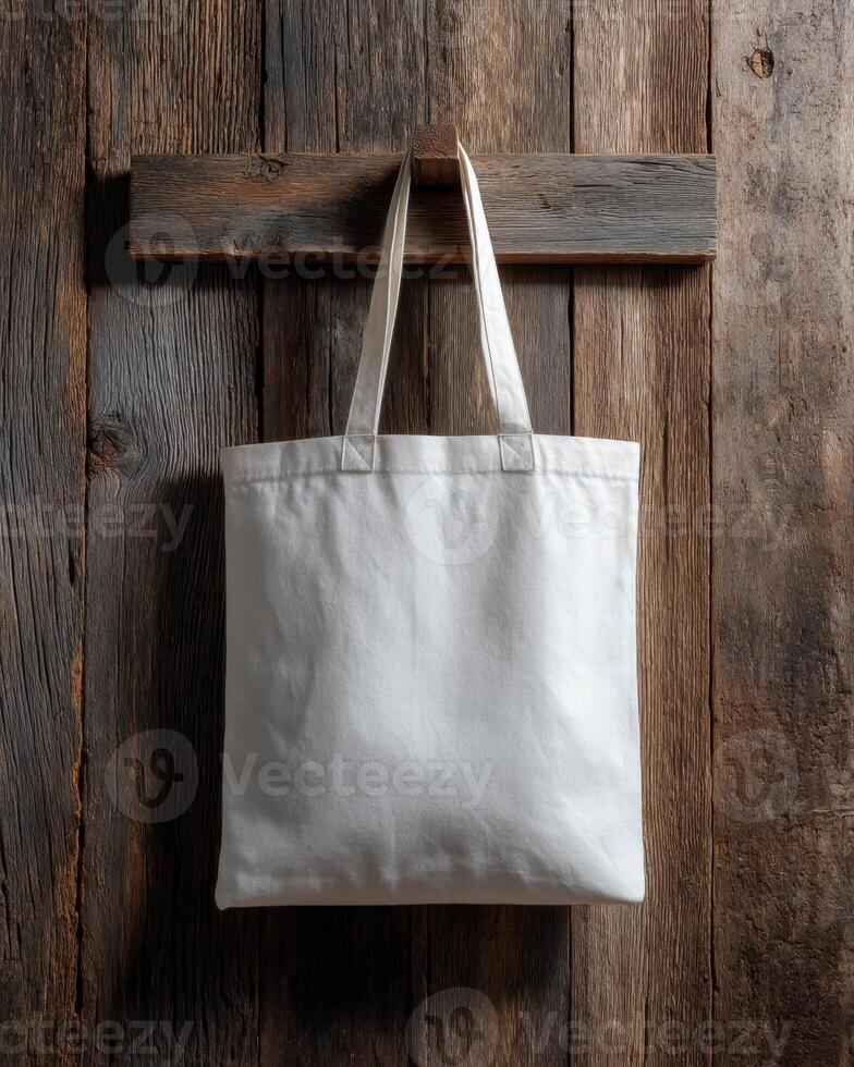 Eco Friendly Tote Bag Hanging Against Rustic Wooden Background Shopping Reusable photo