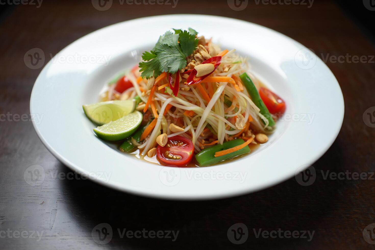 A plate of food with vegetables and a lime photo