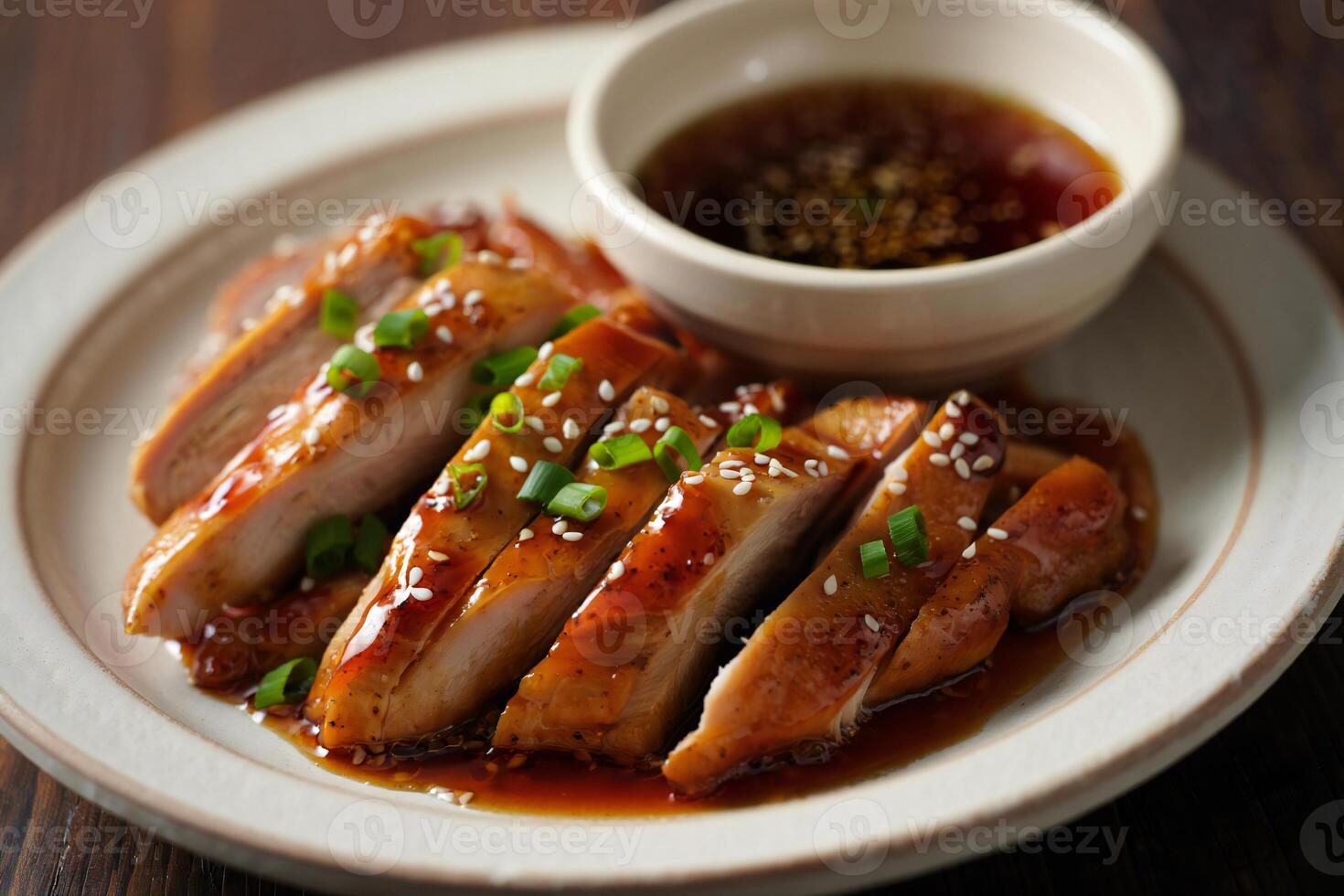 A plate of chicken with sauce and sesame seeds photo