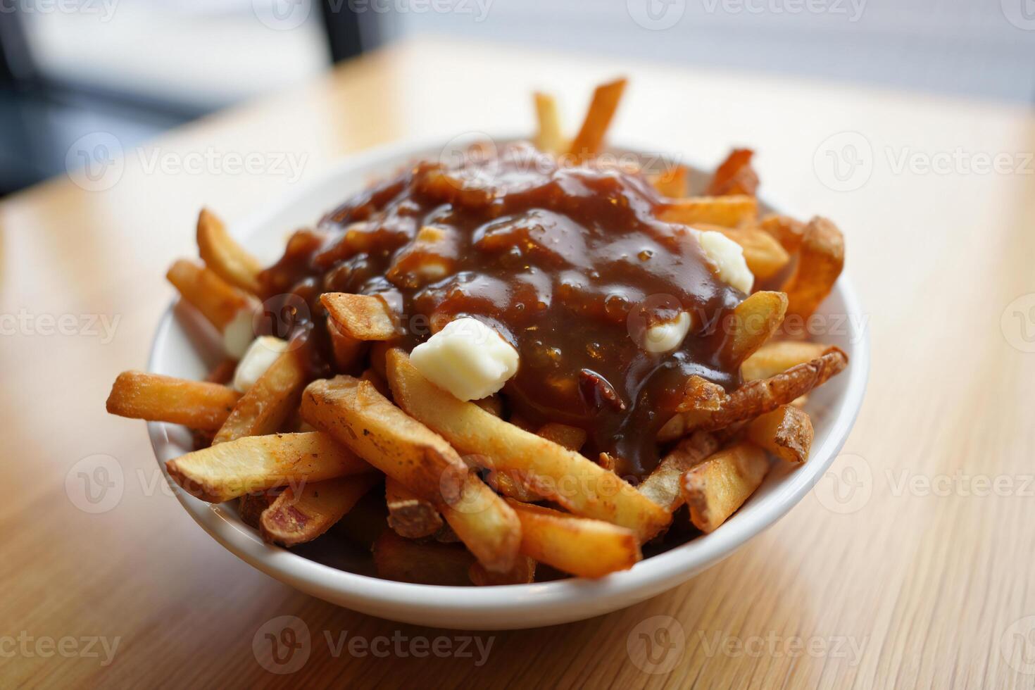 A bowl of french fries with gravy and cheese photo