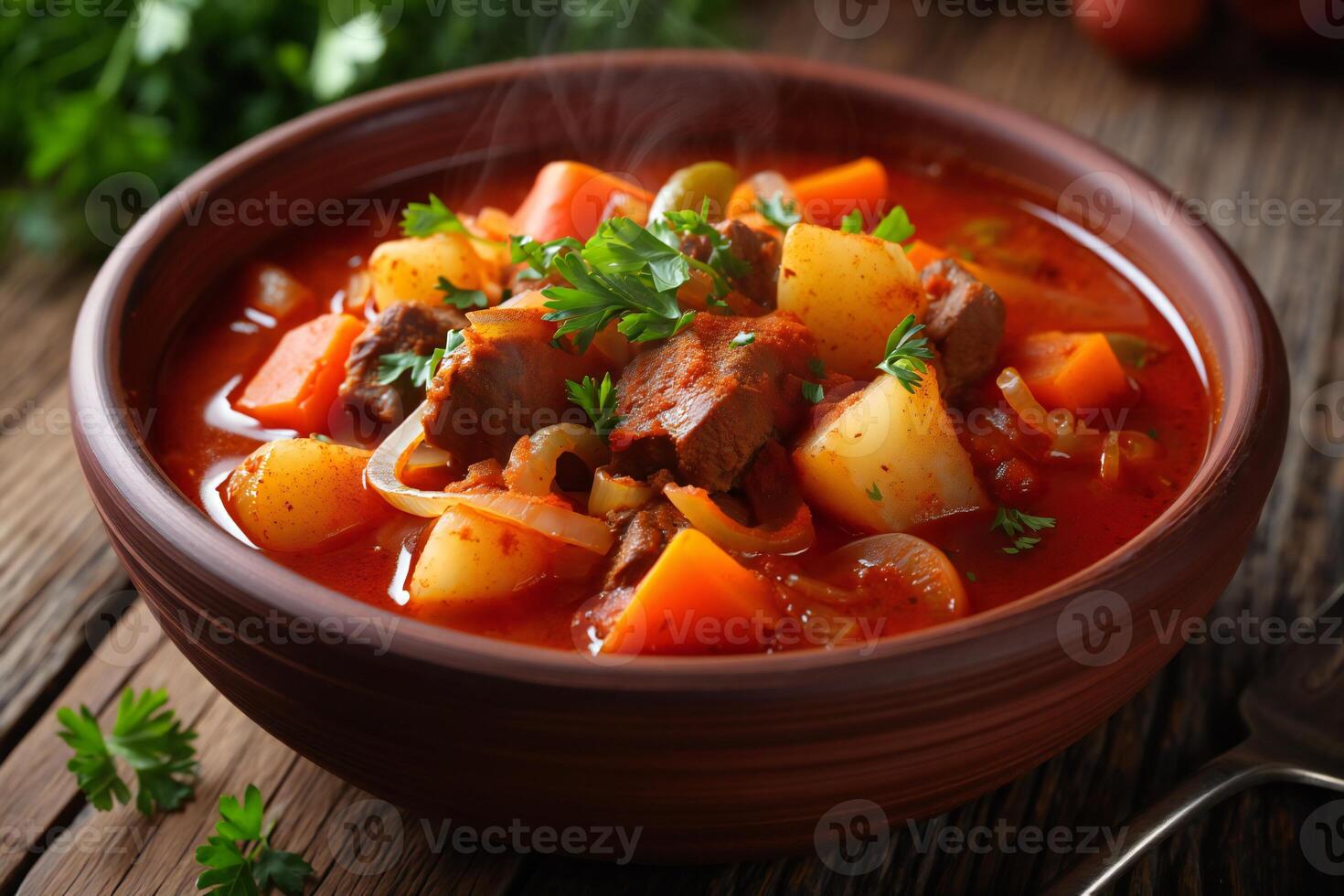 A bowl of stew with meat, potatoes and vegetables photo
