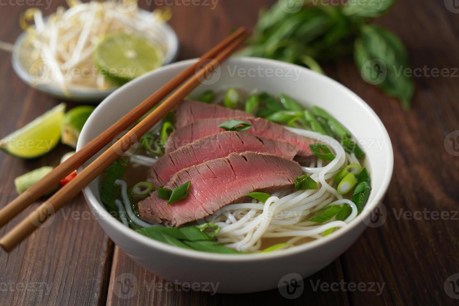 A bowl of beef noodle soup with chopsticks photo