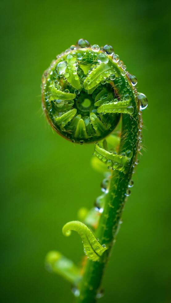 Vibrant Green Fern Unfurling with Dew Drops Close up Macro Photography of Nature s Beauty photo