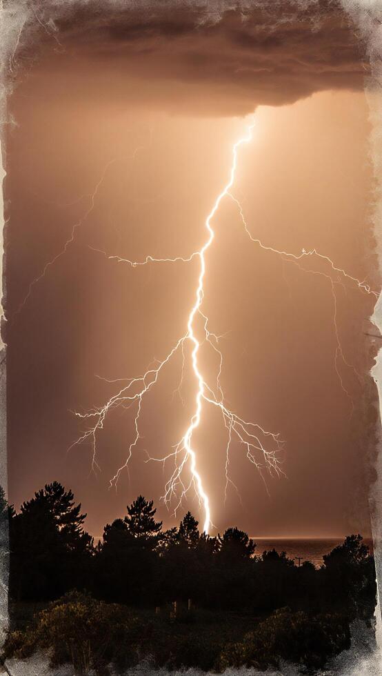 Dramatic Lightning Strike over Silhouetted Trees at Night Powerful Nature Photography photo