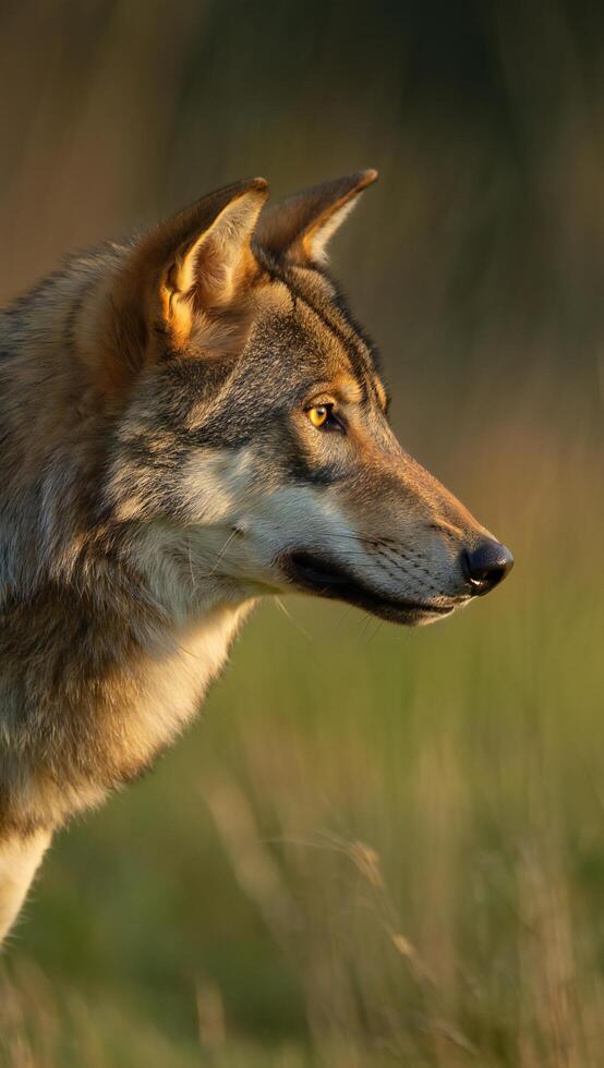 Majestic Gray Wolf Profile in Golden Hour Light Wild Canine in Meadow Grassland photo