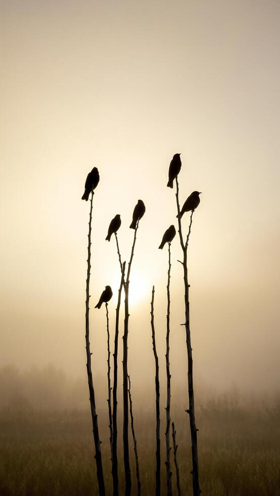 Silhouetted Birds on Branches at Sunrise in Misty Field photo
