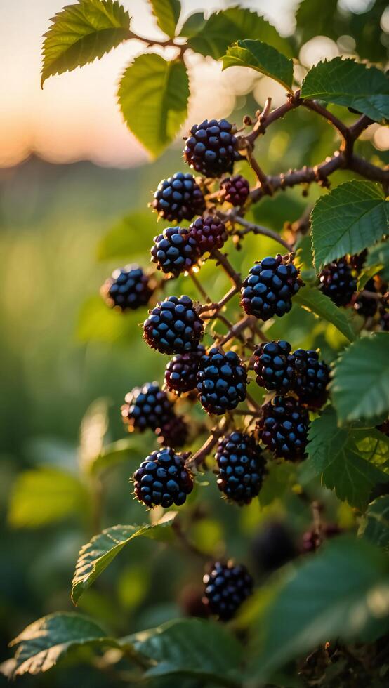 Ripe Blackberries on Bush at Sunset Summer Harvest Organic Fruit photo