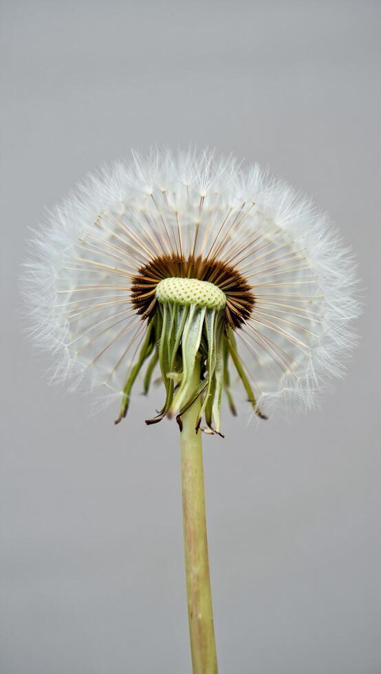 Close up of a Dandelion Seed Head with Delicate Seed Parachutes Against a Neutral Background photo