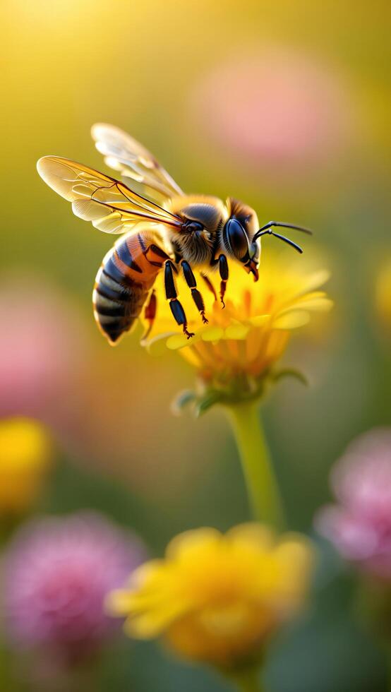 Honeybee on Yellow Flower Detailed Macro Shot of Pollination in Spring Meadow photo