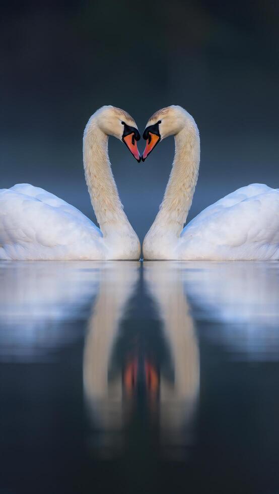 Two Swans Forming a Heart Shape on Serene Water Romantic Wildlife Nature Scene photo