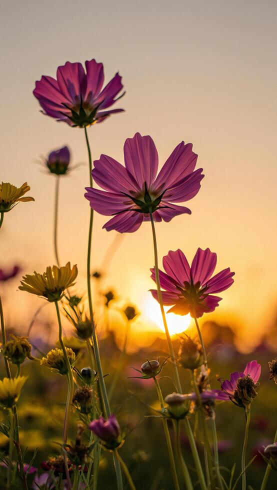 Vibrant Cosmos Flowers at Sunset Golden Hour Meadow Floral Beauty photo