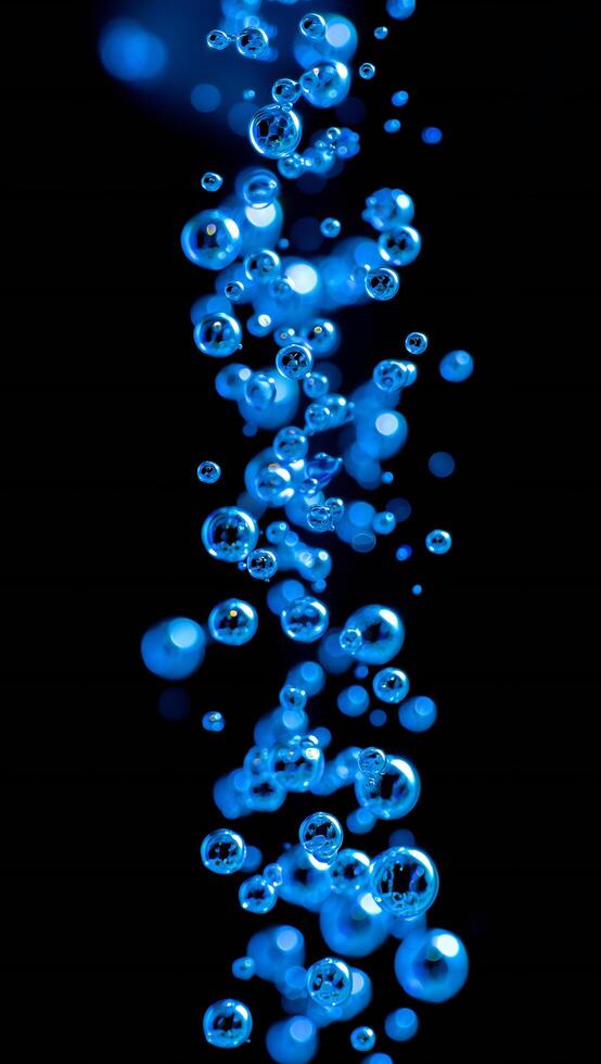 Abstract Blue Bubbles Floating on Black Background Liquid Texture Water Droplets Close Up Macro photo