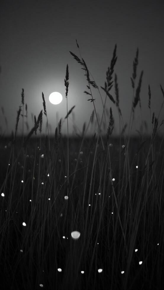 Serene Sunset Grass Field Silhouetted Against Bright Moon and Sky photo