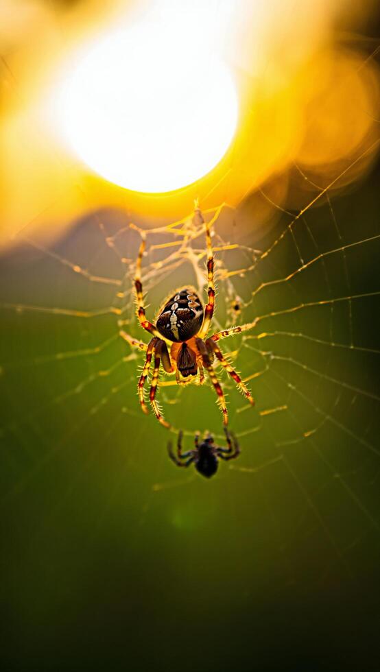 European Garden Spider in Web at Sunset Macro Photography of Insect photo