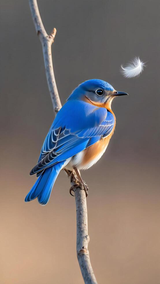 Vibrant Bluebird Perched on Branch Feather Floating Wildlife Photography photo
