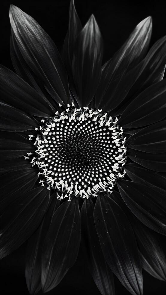 Dramatic Black and White Close Up of a Sunflower s Center and Petals photo