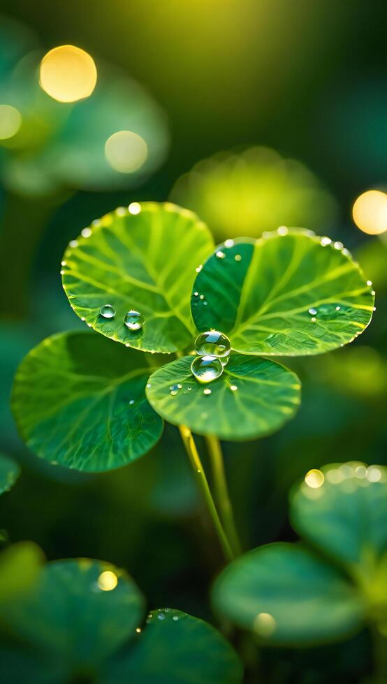 Vibrant Green Clover Leaf with Dew Drops Close Up Nature Photography photo
