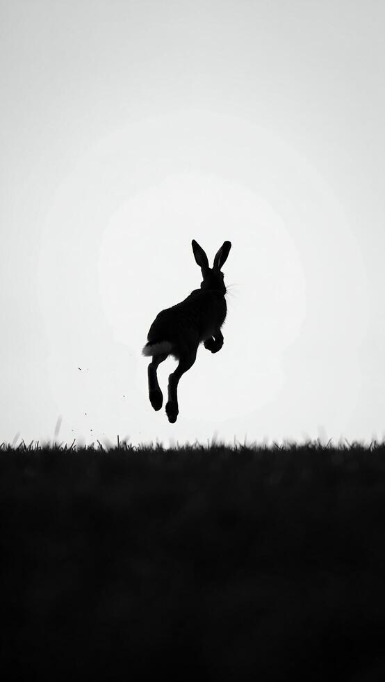 Silhouette of a Hare Leaping in a Field Nature Wildlife Jump Black and White photo