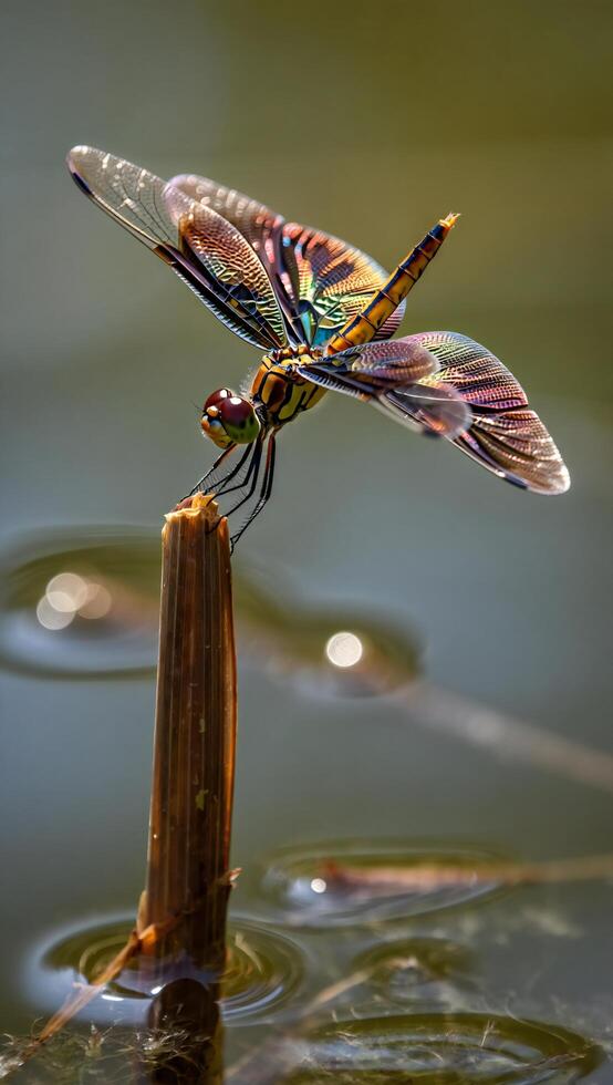 Vibrant Dragonfly Perched on Reed Over Water Close up Macro Photography of Insect photo