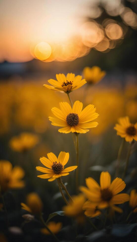 Vibrant Yellow Wildflowers at Sunset Golden Hour Bloom Nature Photography photo