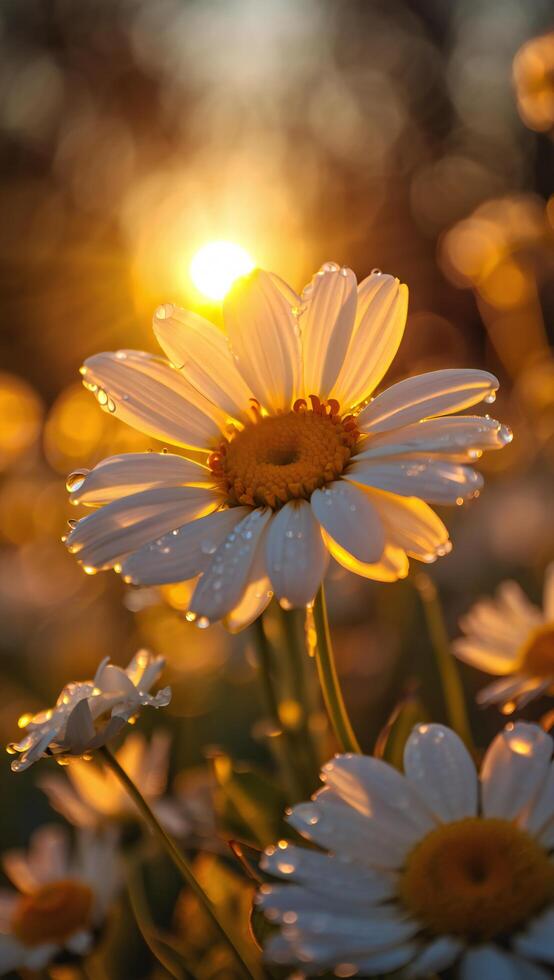 Golden Hour Dewdrops on Daisies Closeup Macro Photography of Flowers at Sunrise photo
