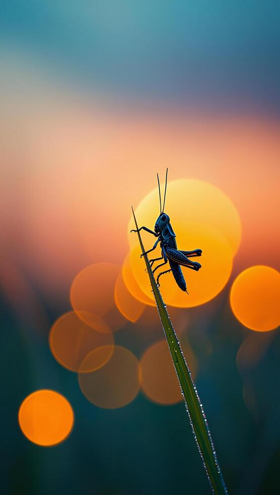 Grasshopper Silhouette on Dew Covered Blade at Sunset with Bokeh Background photo