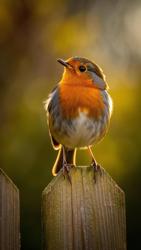 European Robin Bird Perched on Wooden Fence Post at Sunset Golden Hour Light photo