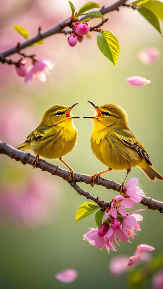 Two Yellow Birds Singing on Branch with Pink Blossoms Spring Nature photo