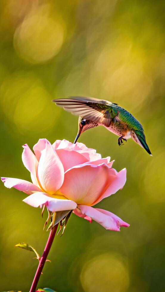 Hummingbird Feeding on a Pink Rose in a Garden Close Up View photo