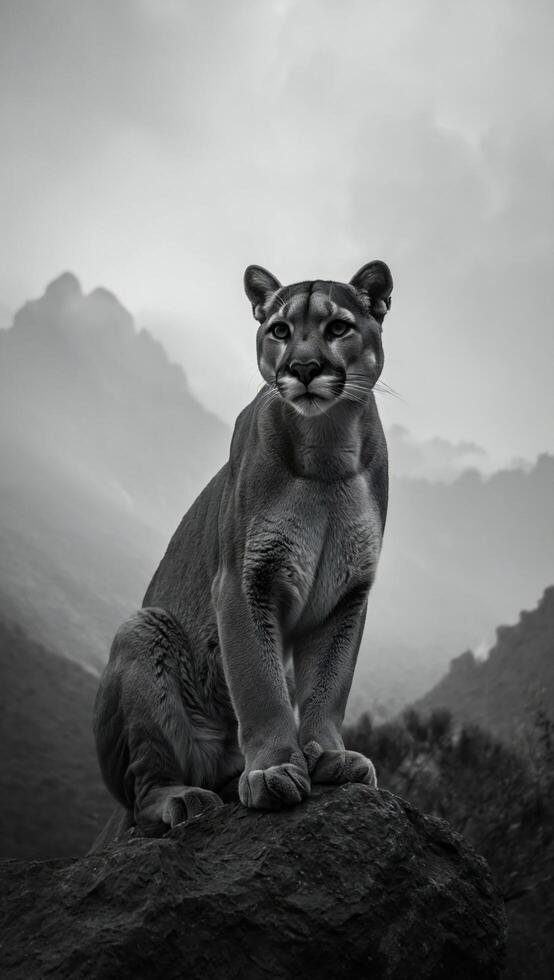 Majestic Cougar in Monochromatic Mountain Landscape Powerful Wild Cat Sitting on Rock photo