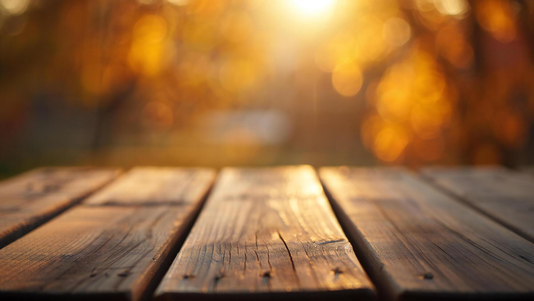 Nature Background Golden Autumn Sunset Rustic Wooden Table in Blurred Fall Park Background photo