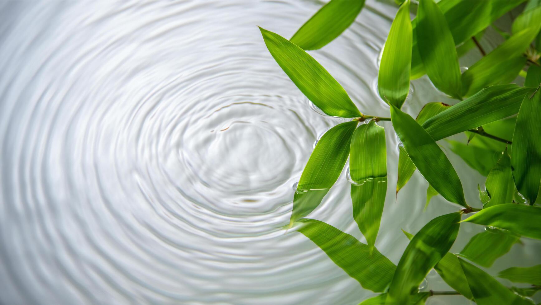 Nature Background Serene Bamboo Leaves on Tranquil Water Surface with Ripple Effect photo