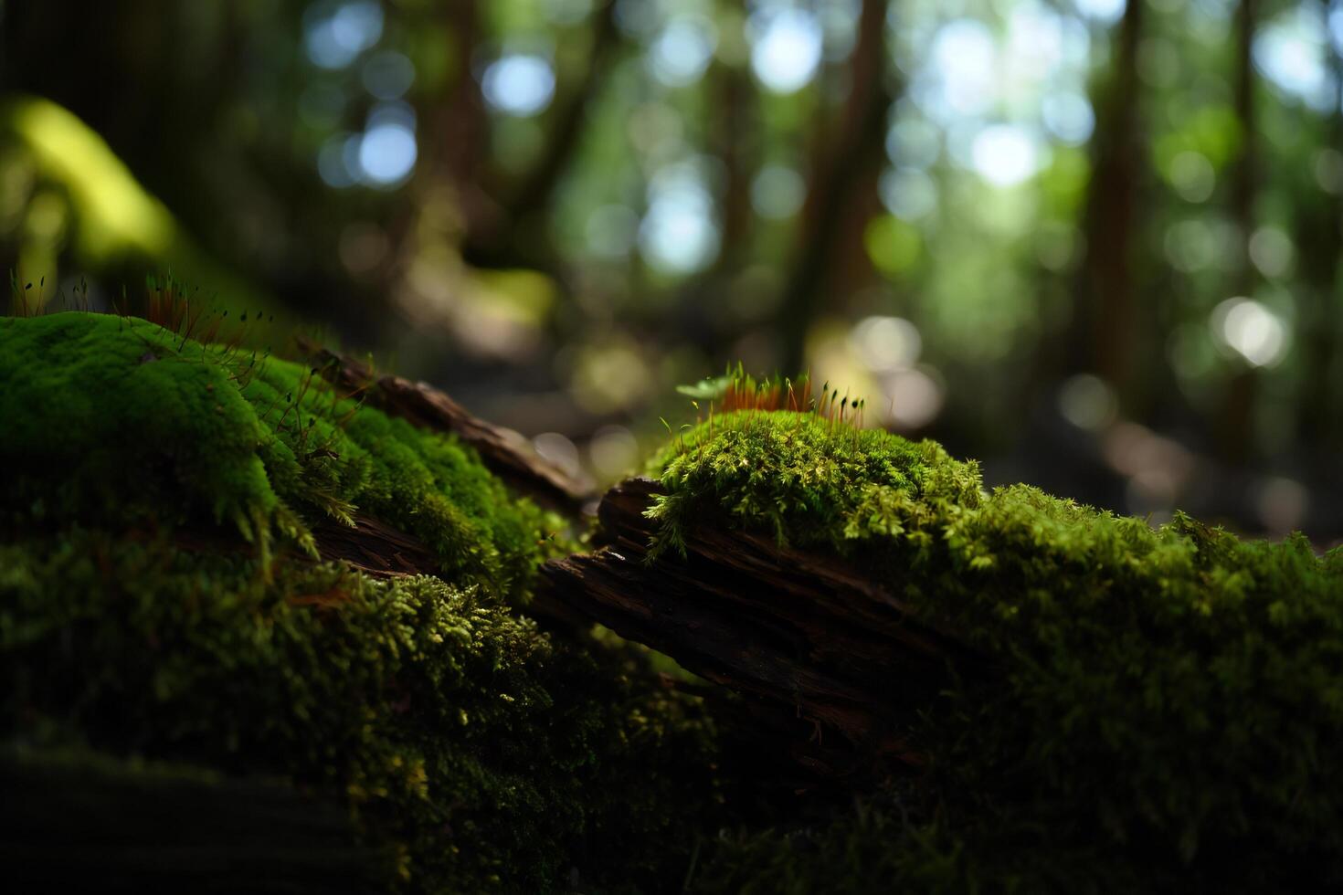 Nature Background Lush Green Moss Growing on Decaying Log in Forest Nature Background photo