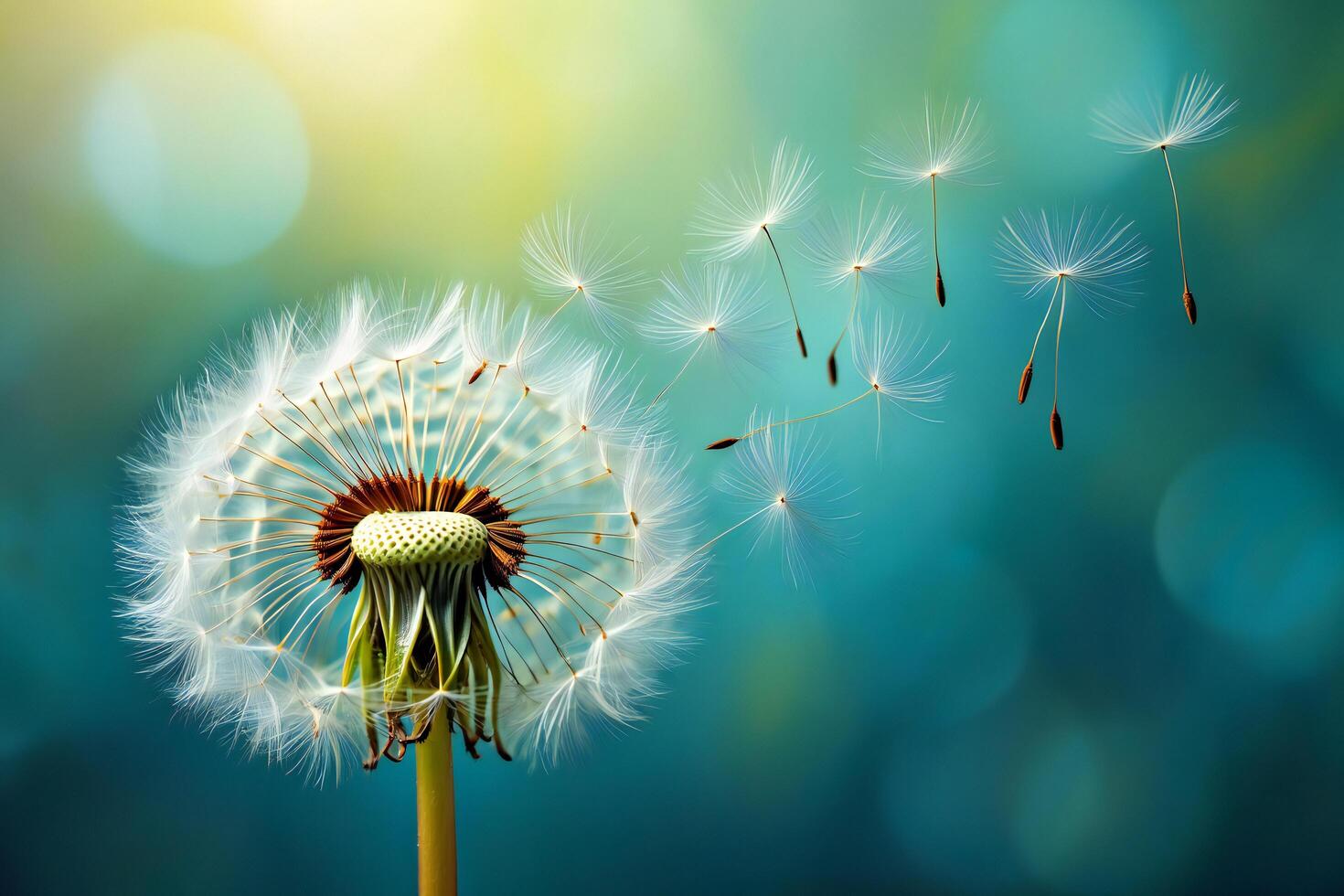 Nature Background Dandelion Seeds Dispersing in Wind Nature Background Spring Summer Botany photo