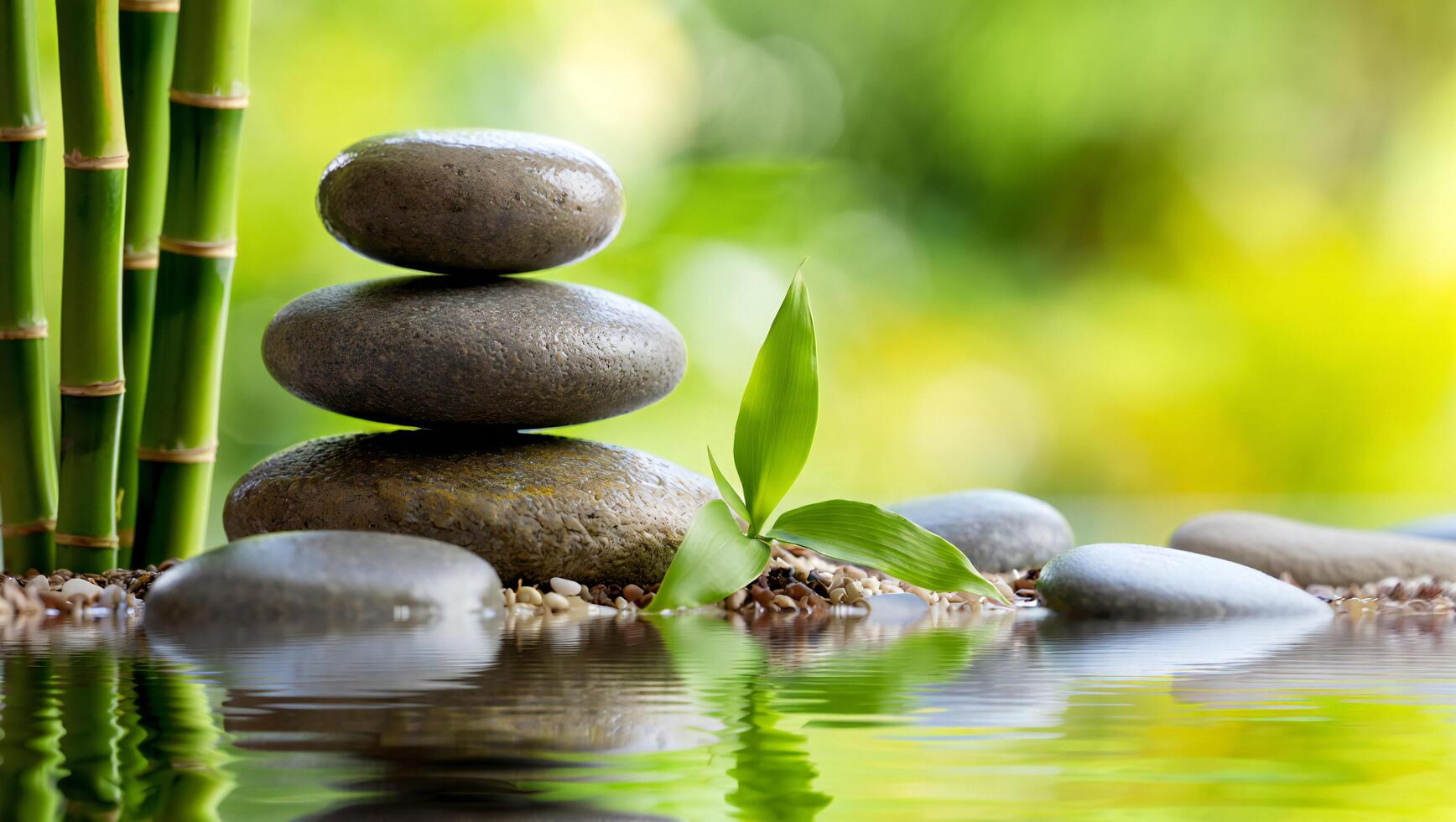 Nature Background Serene Zen Garden Stacked Stones Bamboo and Tranquil Water Reflection photo