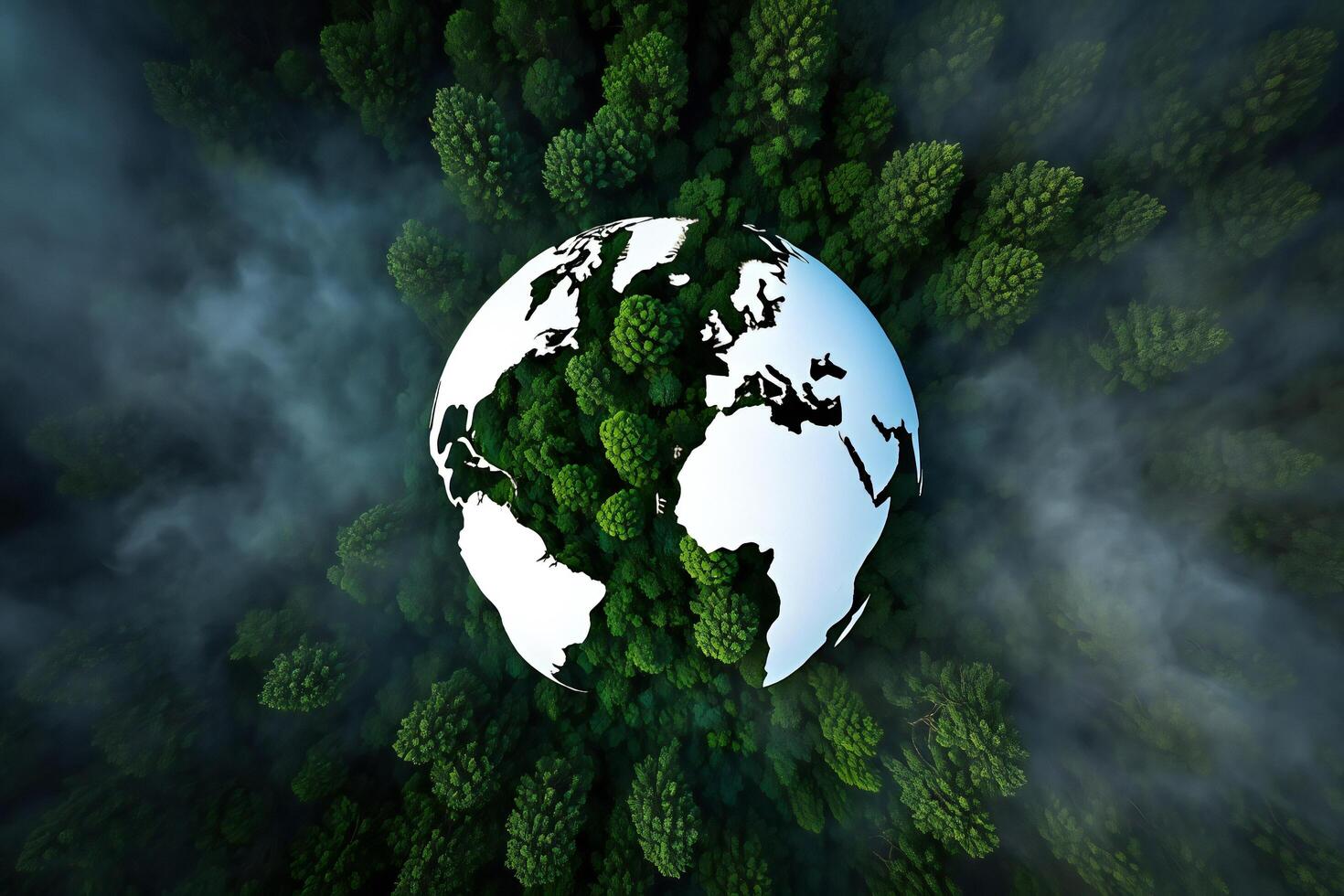 Nature Background Aerial View of Lush Green Forest Enveloping Earth Globe Environmental Conservation Concept photo
