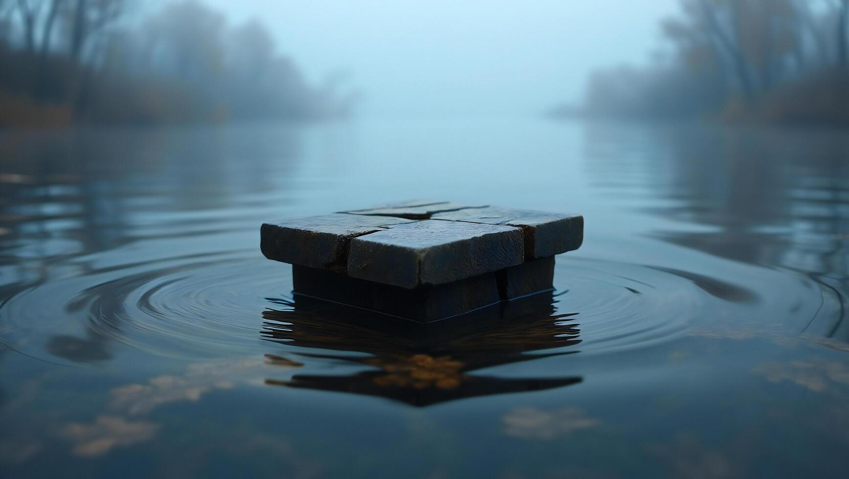 Nature Background Serene Square Stone Blocks Floating on Calm Misty River Water photo